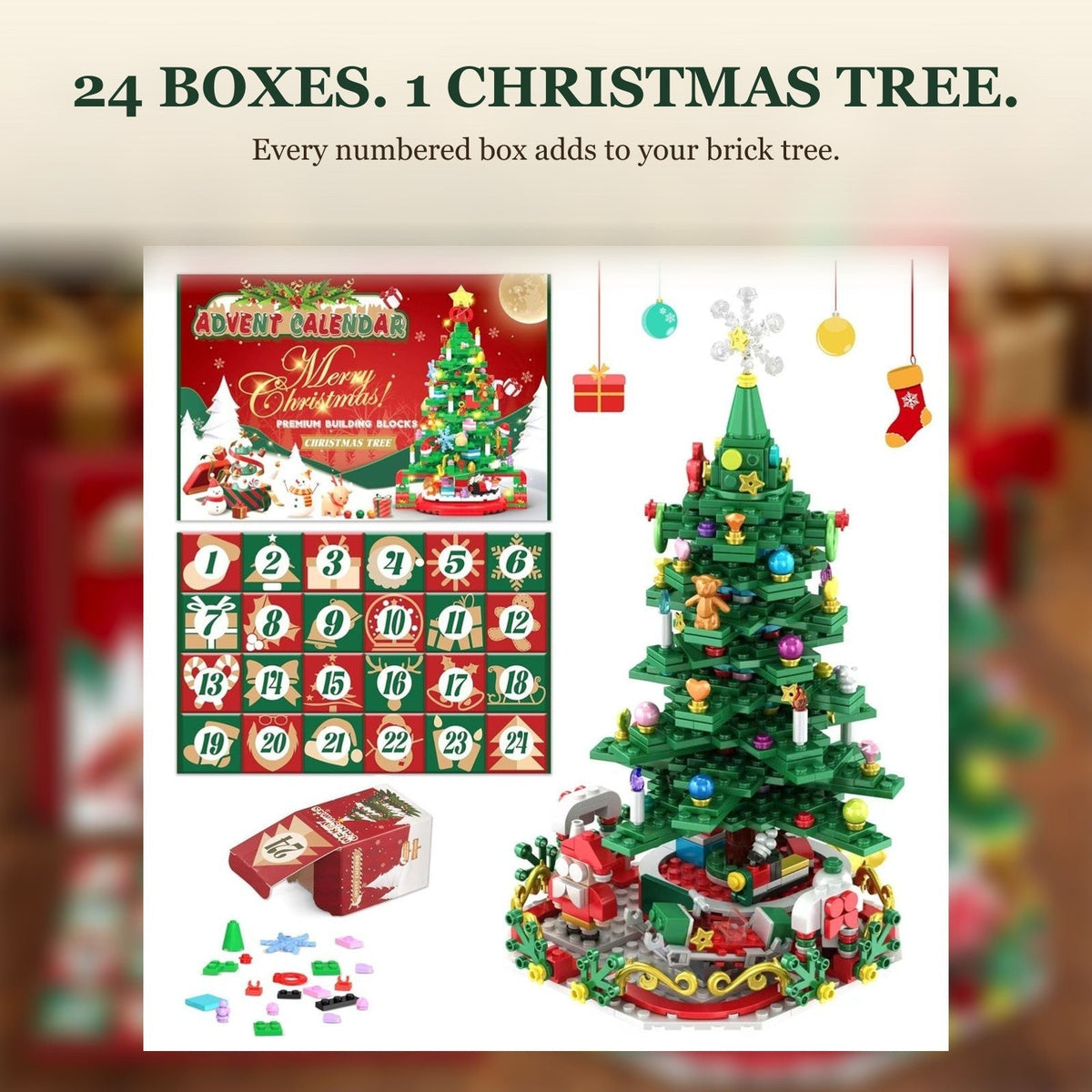 Christmas Tree Brick Advent Calendar with String Lights, 24 Boxes