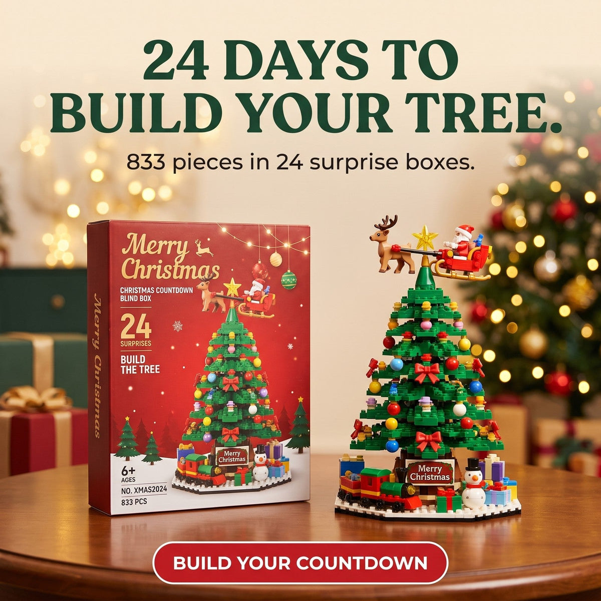 Christmas Tree Brick Advent Calendar, 24 Surprise Boxes, 833 Pieces