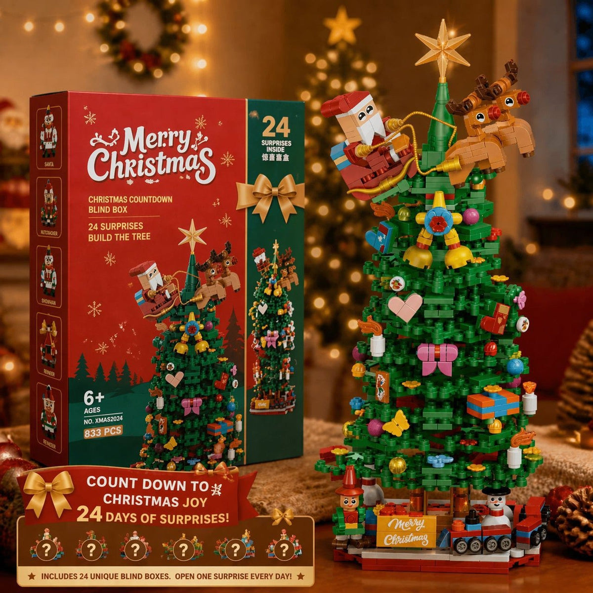 Christmas Tree Brick Advent Calendar, 24 Surprise Boxes, 833 Pieces