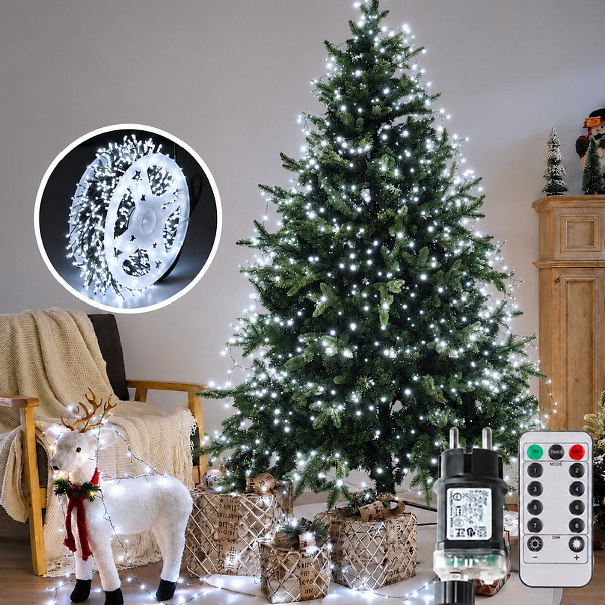 Christmas Tree Cluster Lights - LED String Lights with Green Wire and Remote Control