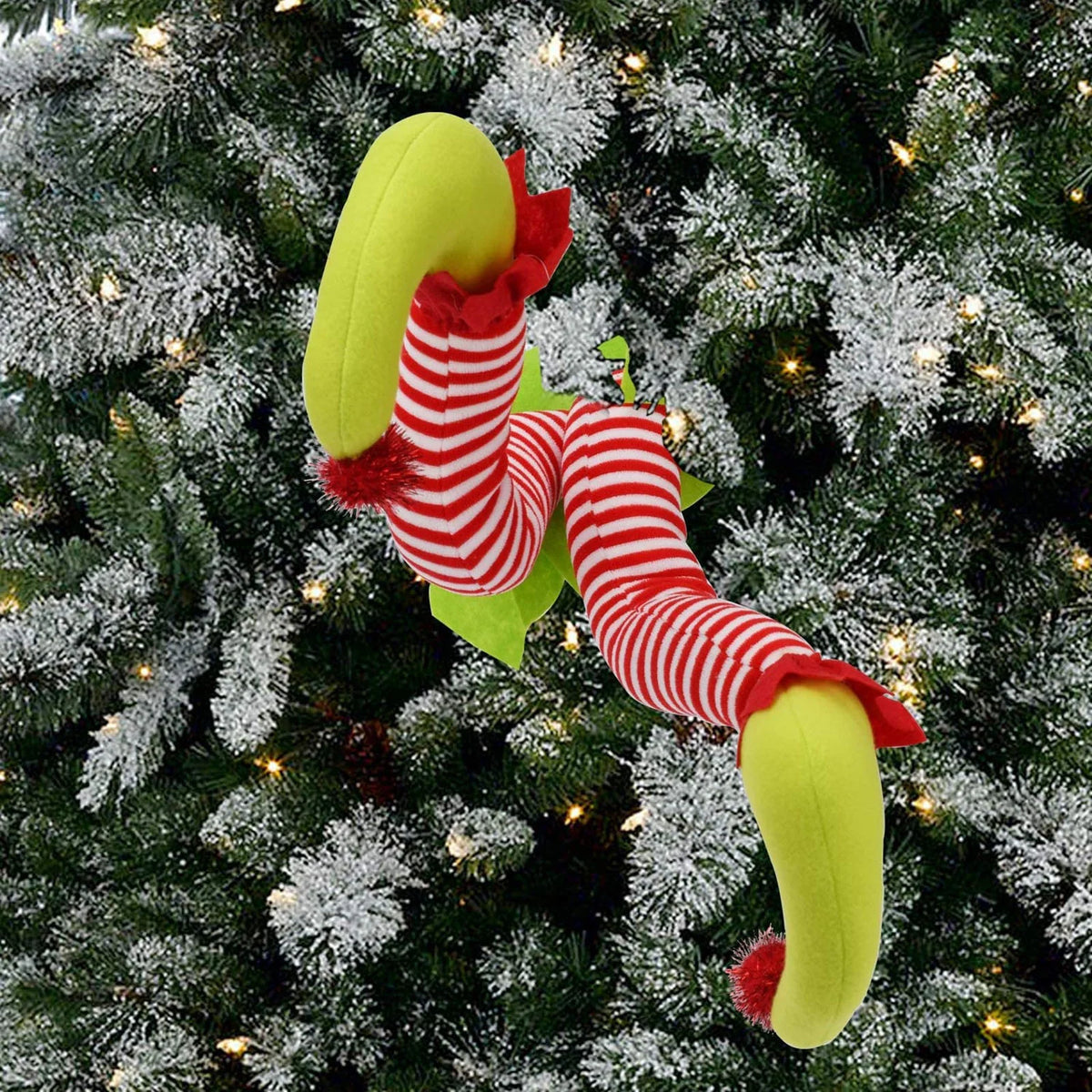 Christmas Tree Elf Decoration with Plush Striped Legs and Pointed Green Shoes