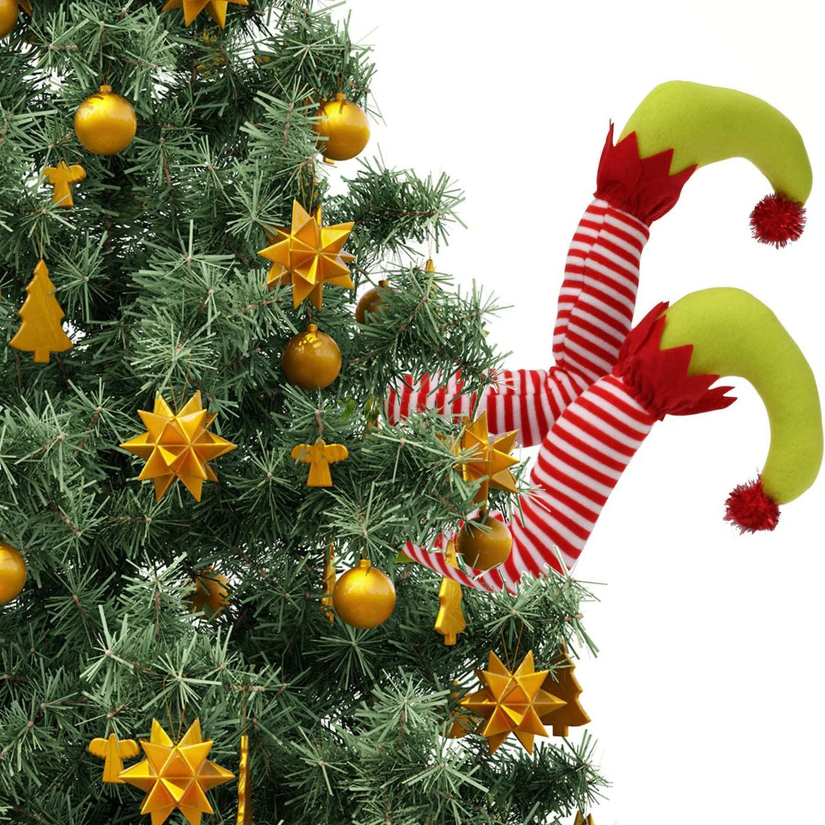 Christmas Tree Elf Decoration with Plush Striped Legs and Pointed Green Shoes