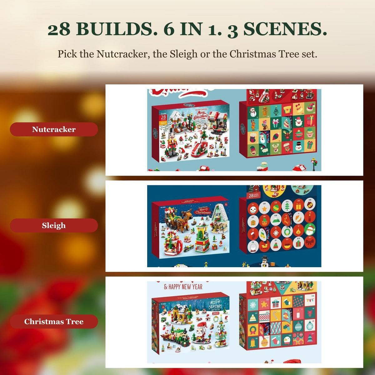 Christmas Village Brick Advent Calendar, 28 Builds, 6 in 1, Choose Your Scene