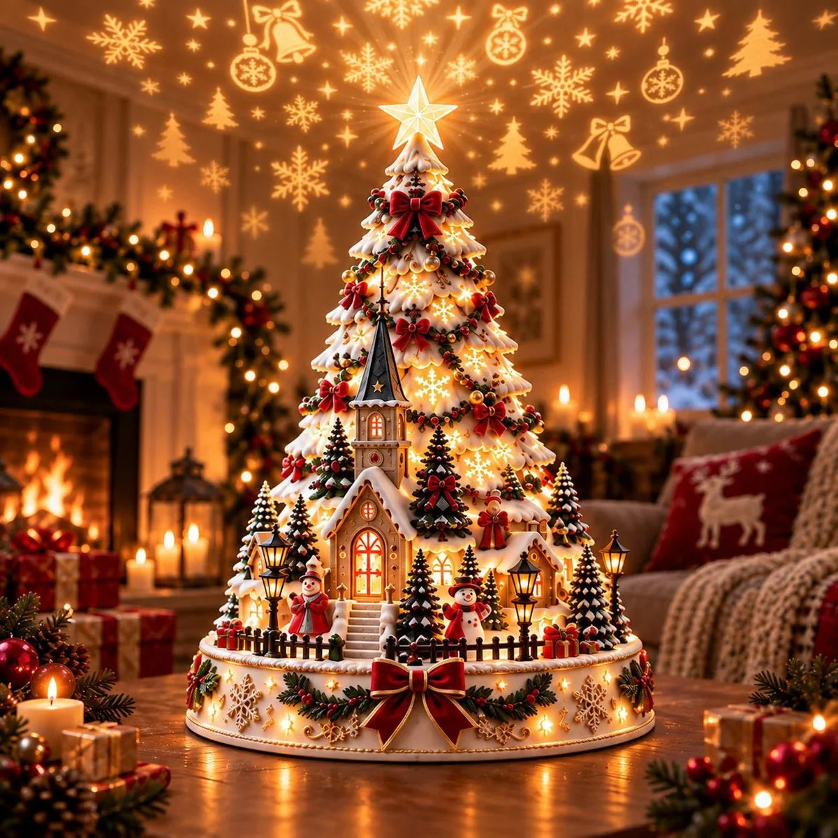Christmas Village Tree - Warm Ivory, Red, Green, Antique Gold
