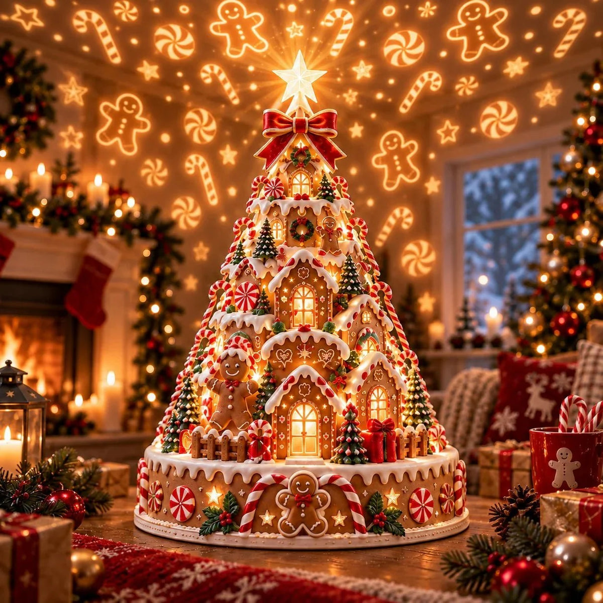 Christmas Village Tree - Warm Ivory, Red, Green, Antique Gold