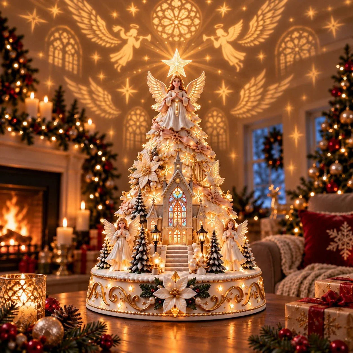 Christmas Village Tree - Warm Ivory, Red, Green, Antique Gold