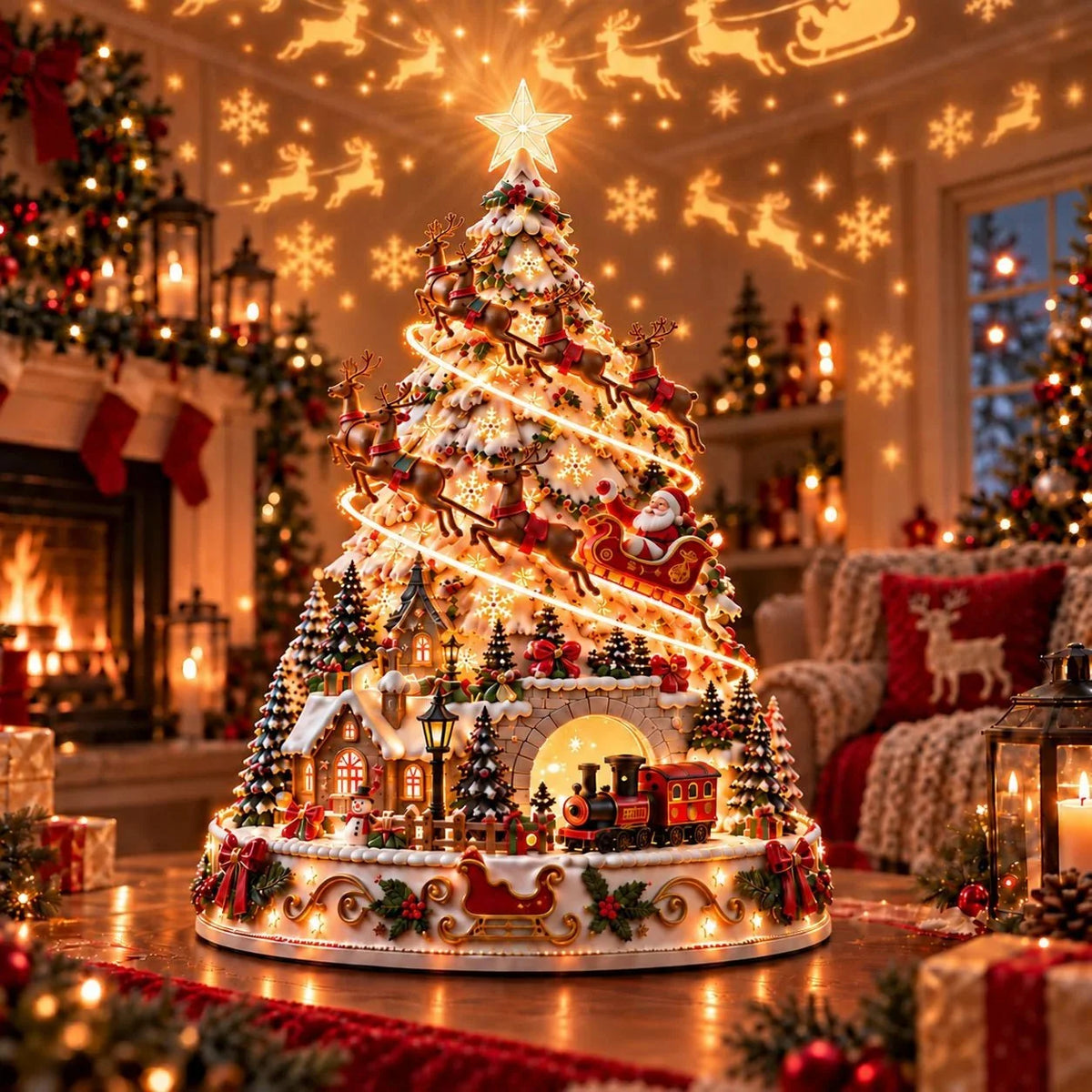 Christmas Village Tree - Warm Ivory, Red, Green, Antique Gold