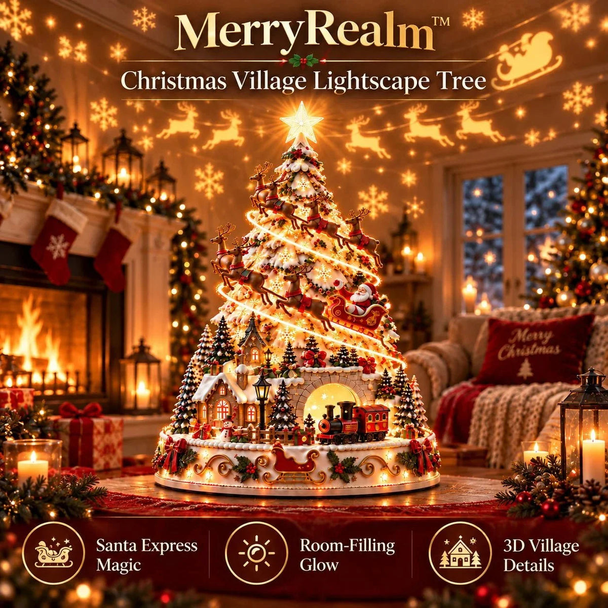 Christmas Village Tree - Warm Ivory, Red, Green, Antique Gold