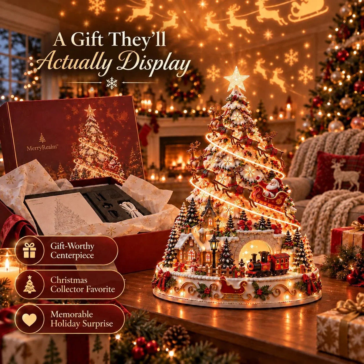 Christmas Village Tree - Warm Ivory, Red, Green, Antique Gold