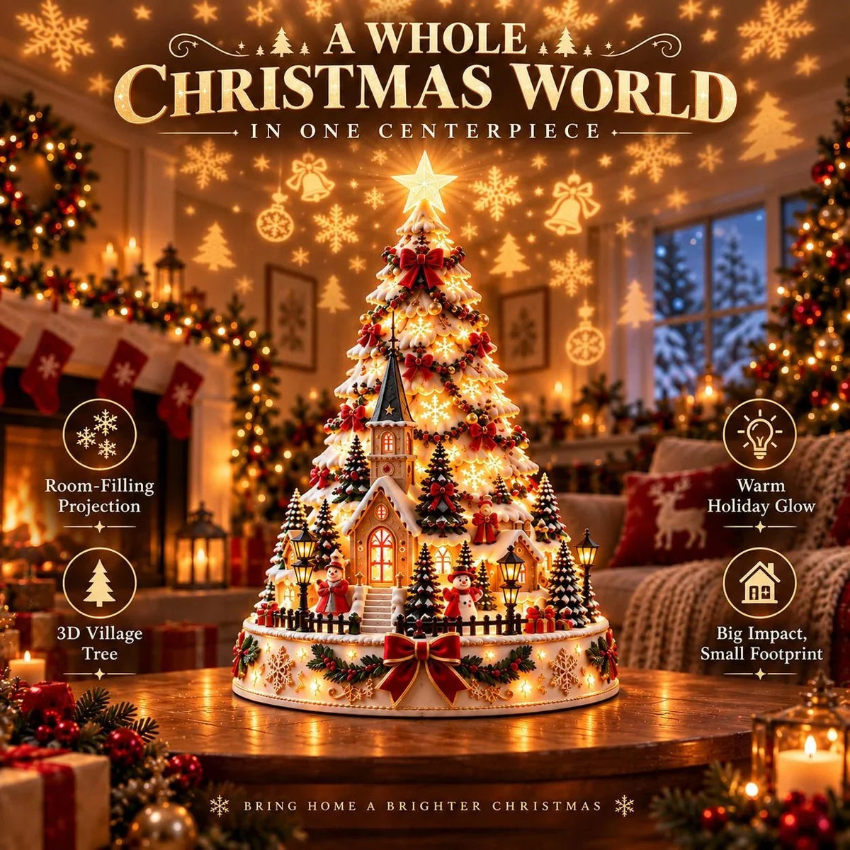 Christmas Village Tree - Warm Ivory, Red, Green, Antique Gold