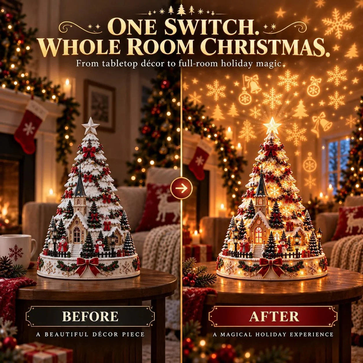 Christmas Village Tree - Warm Ivory, Red, Green, Antique Gold