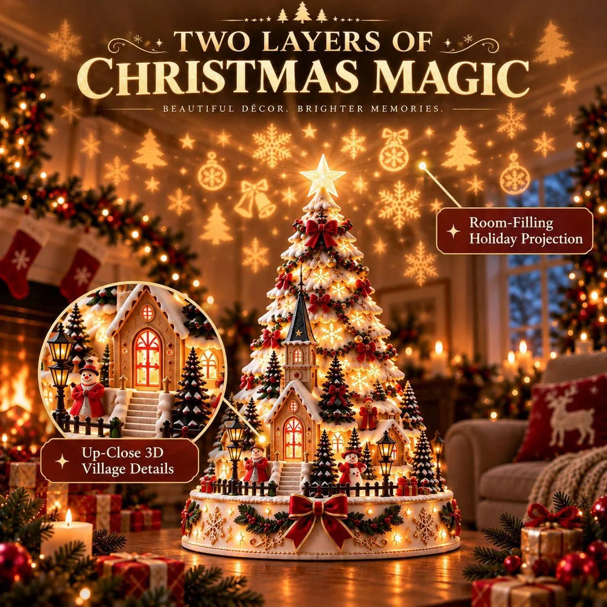 Christmas Village Tree - Warm Ivory, Red, Green, Antique Gold