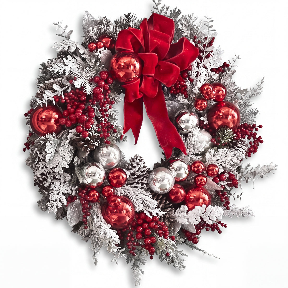 Christmas Wreath with Baubles - Frosted Door Decoration with Red Bow
