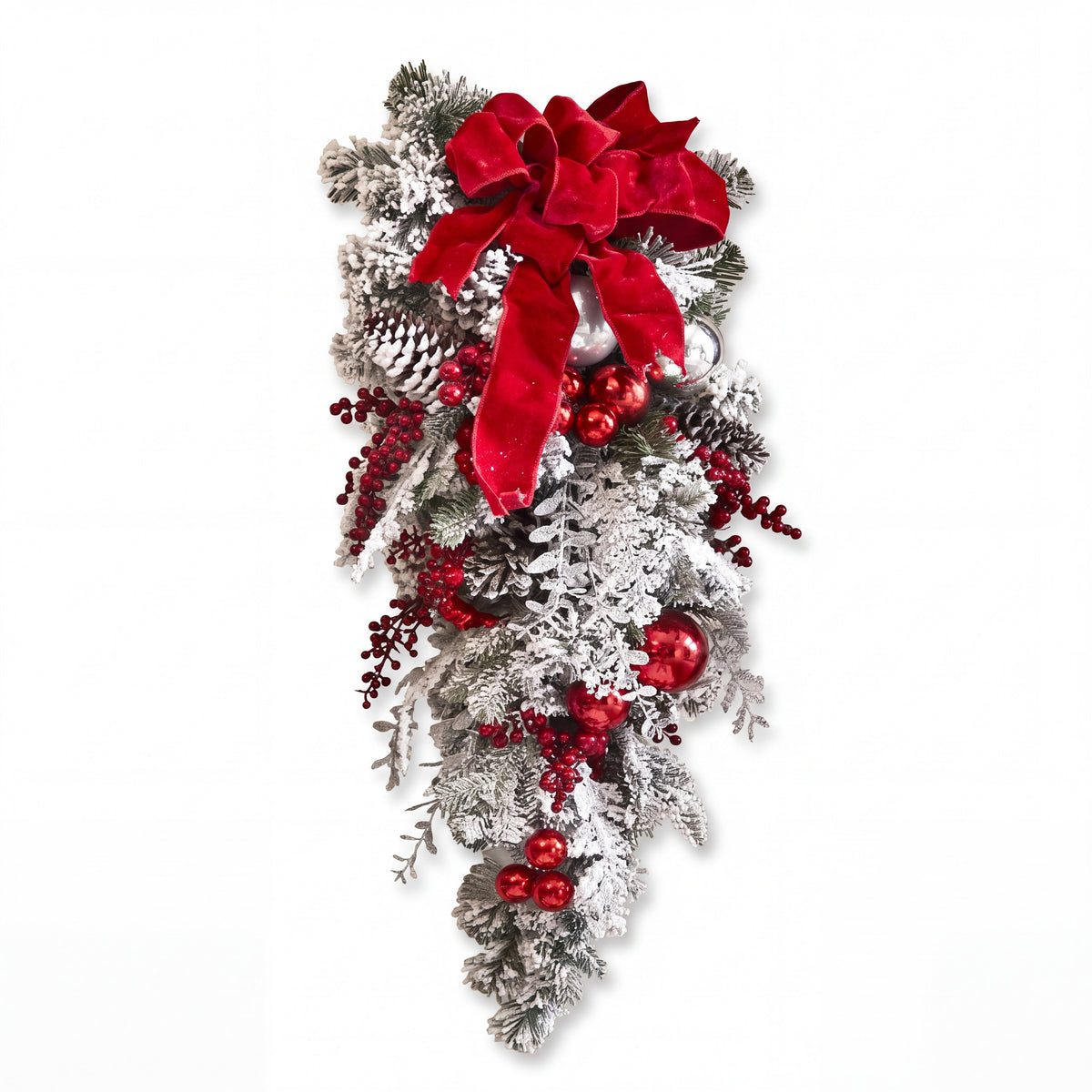Christmas Wreath with Baubles - Frosted Door Decoration with Red Bow