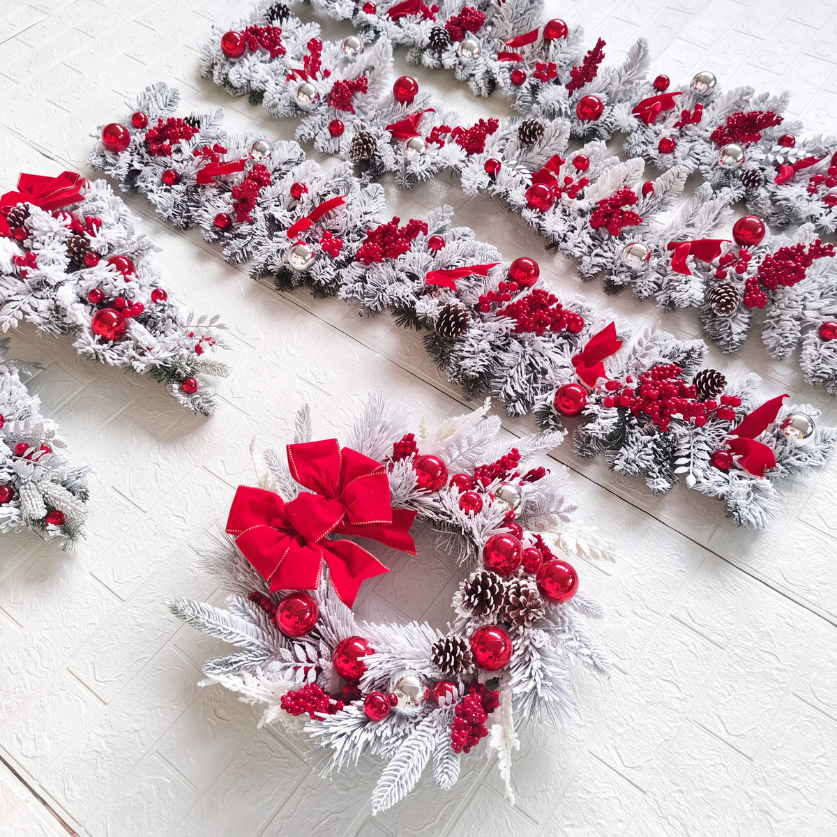 Christmas Wreath with Baubles - Frosted Door Decoration with Red Bow