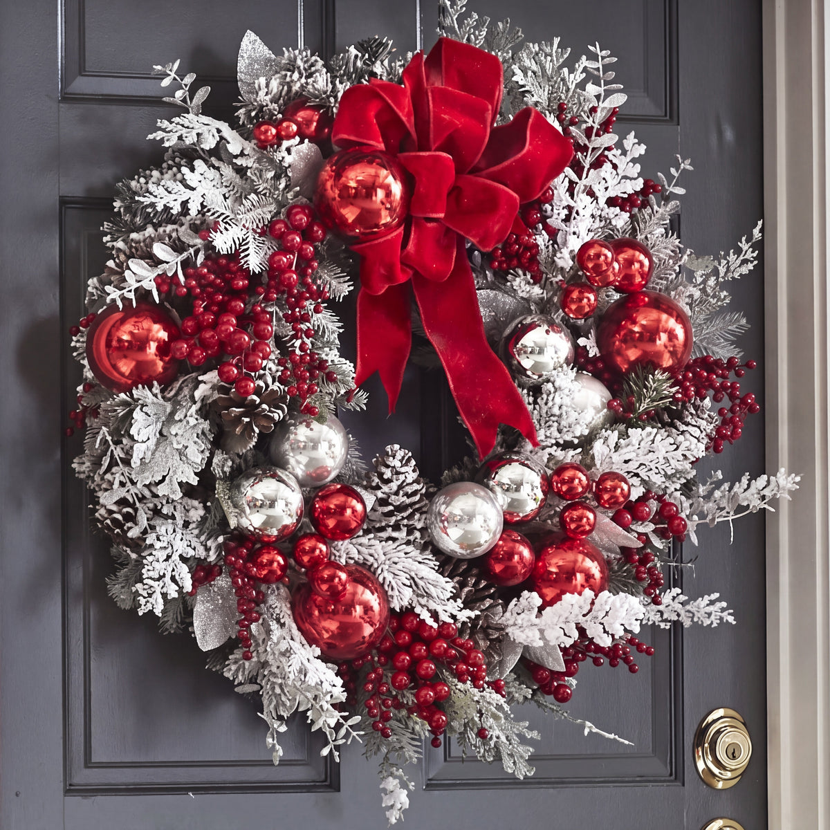 Christmas Wreath with Baubles - Frosted Door Decoration with Red Bow