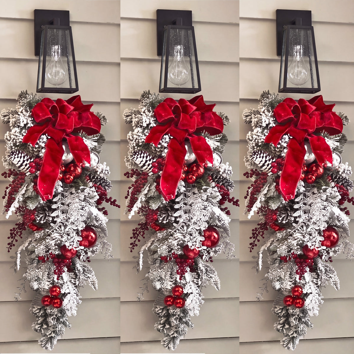 Christmas Wreath with Baubles - Frosted Door Decoration with Red Bow