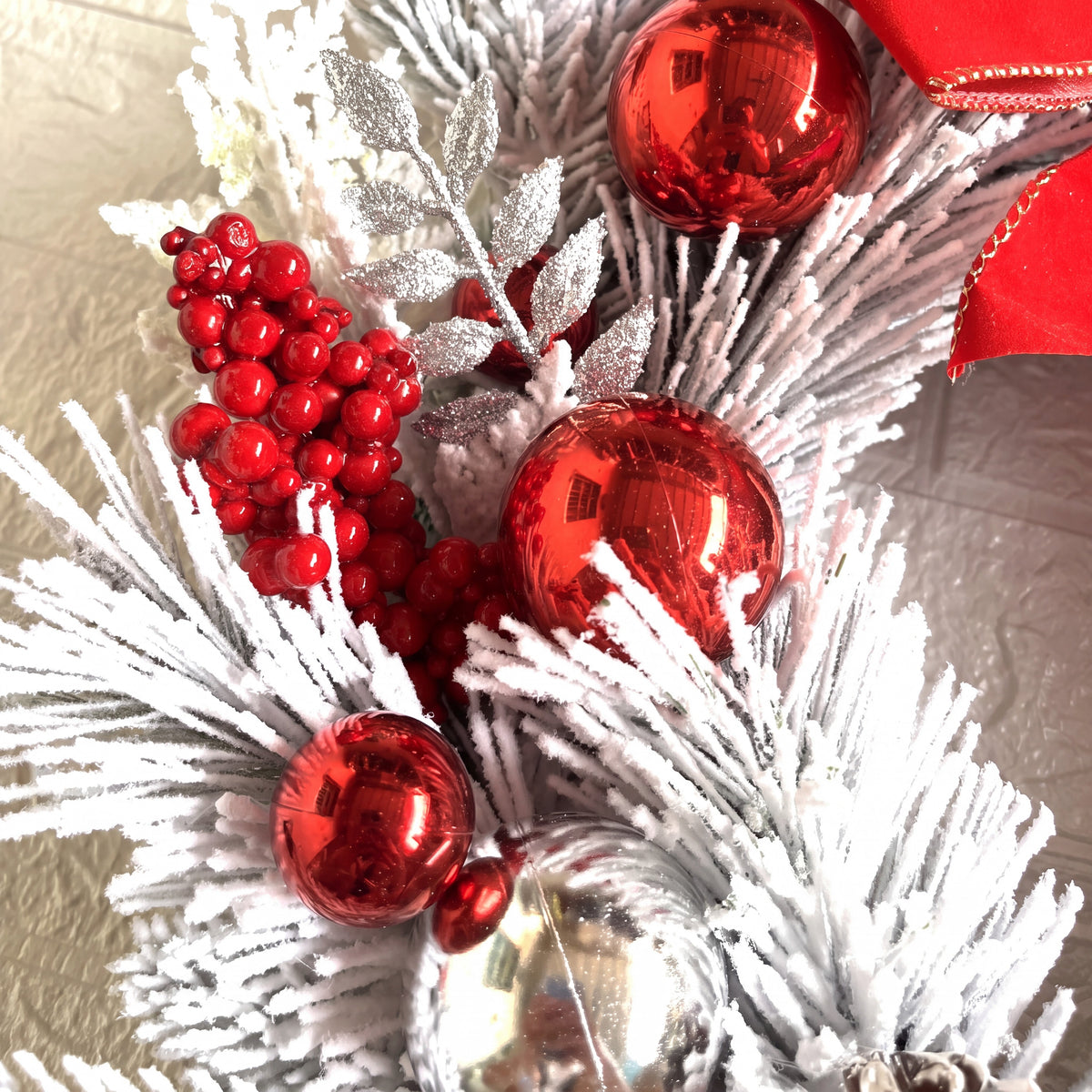Christmas Wreath with Baubles - Frosted Door Decoration with Red Bow
