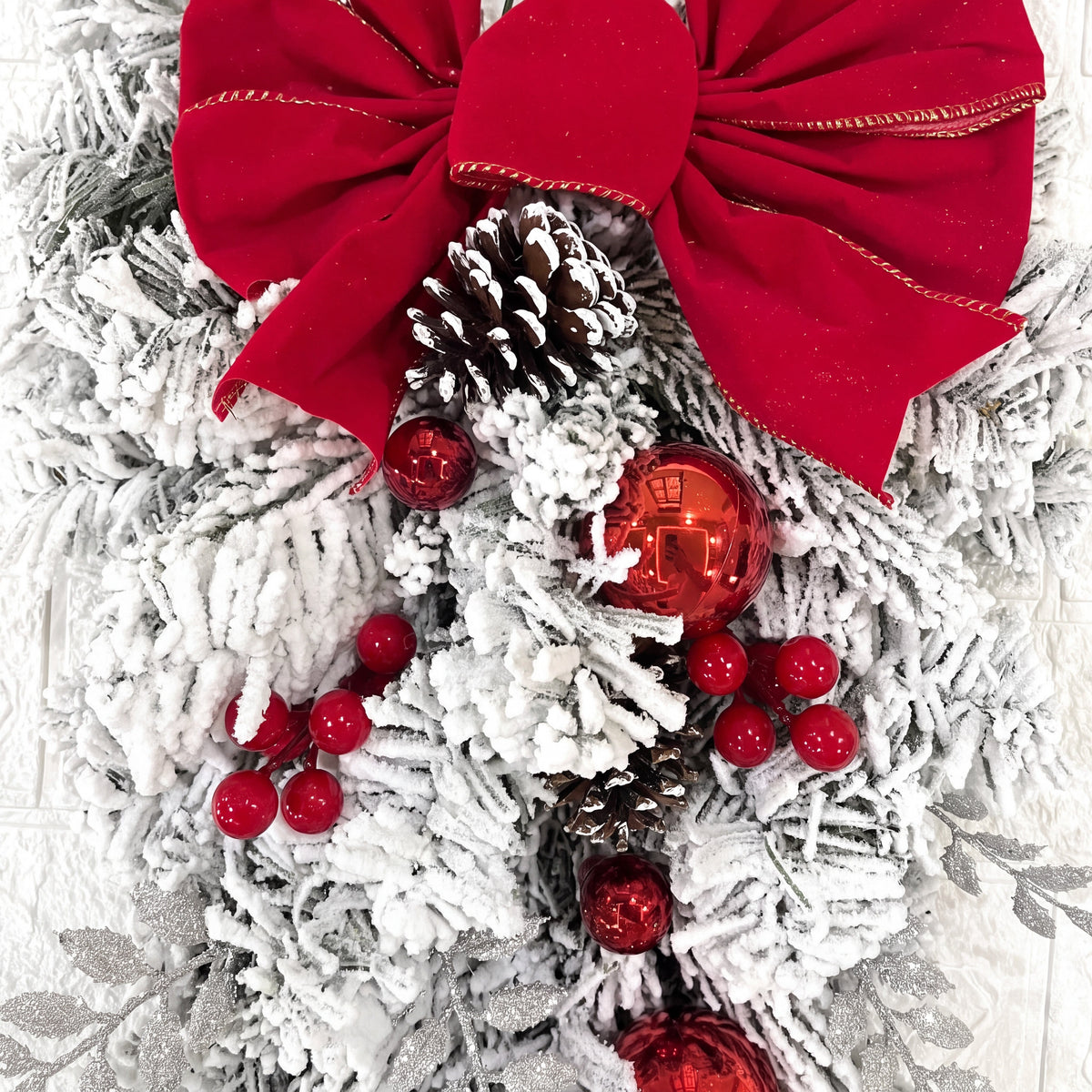 Christmas Wreath with Baubles - Frosted Door Decoration with Red Bow