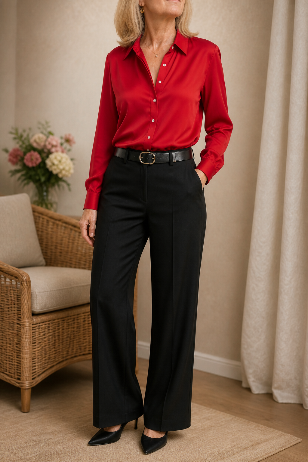 Concealed Placket Long-Sleeve Satin Blouse