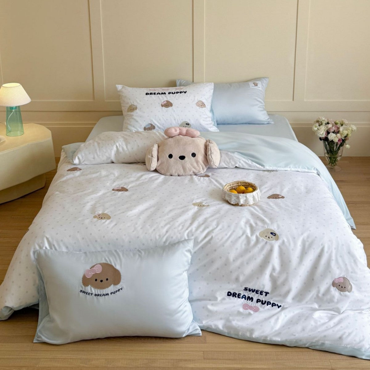 Cotton Sateen Bedding Set with Puppy Embroidery and Extra-Soft Finish