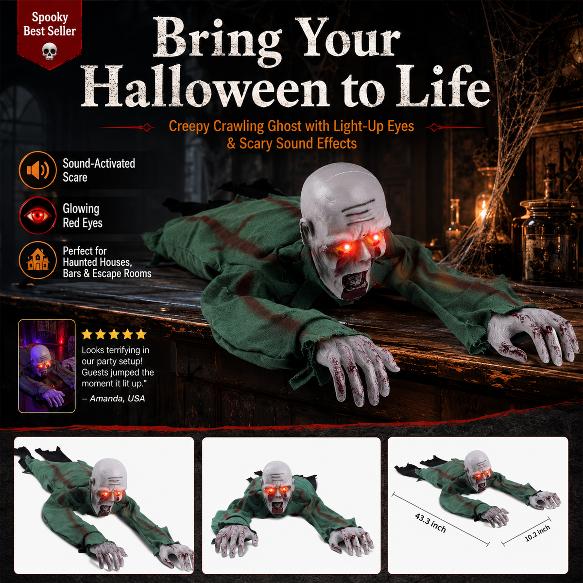 Crawling Ghost Prop | Animated Halloween Decoration with Glowing Eyes & Sound