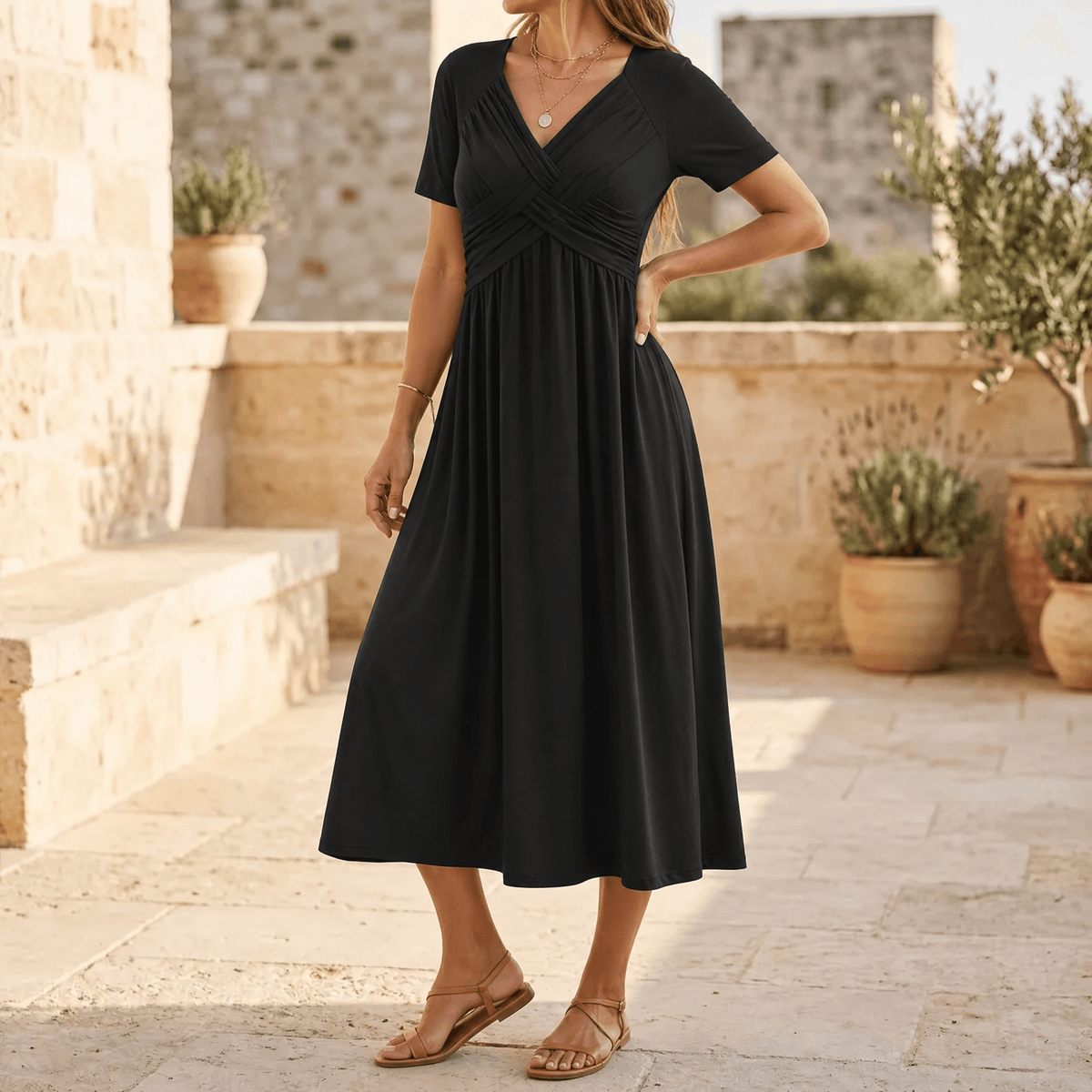 Crossover V-Neck Midi Dress with Pockets