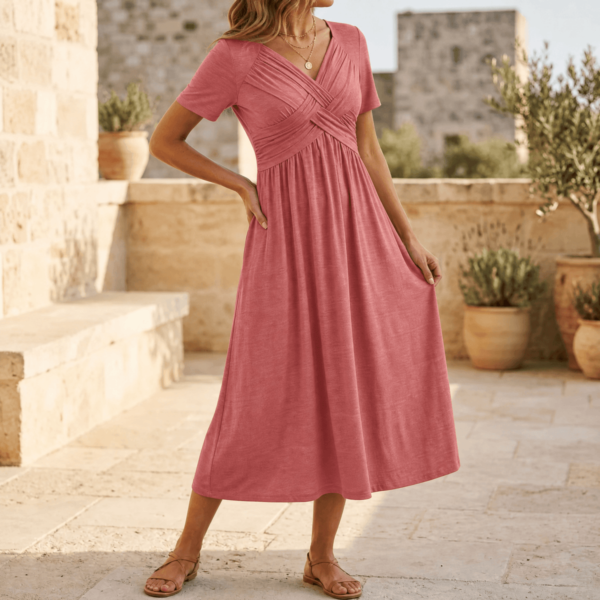 Crossover V-Neck Midi Dress with Pockets