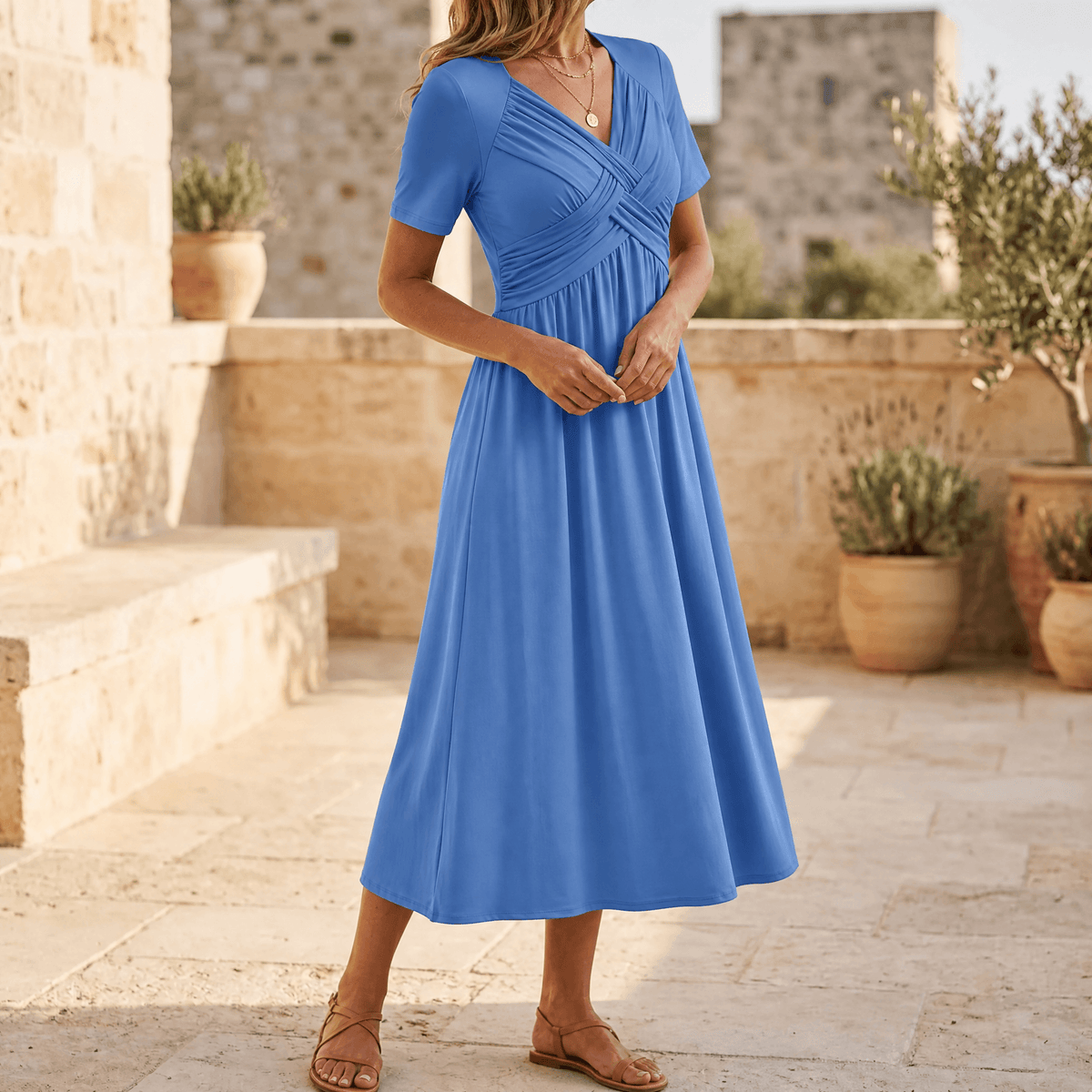 Crossover V-Neck Midi Dress with Pockets