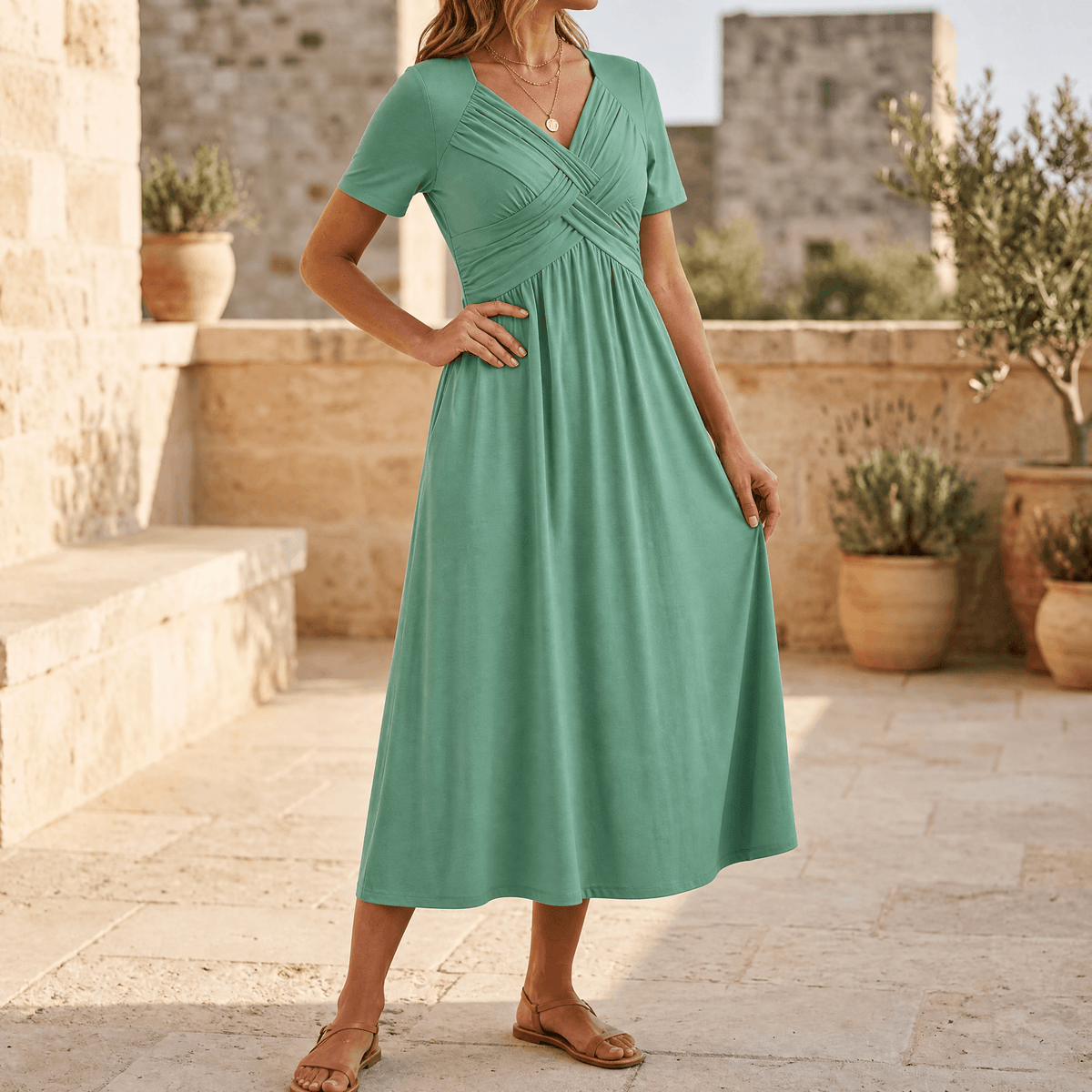 Crossover V-Neck Midi Dress with Pockets