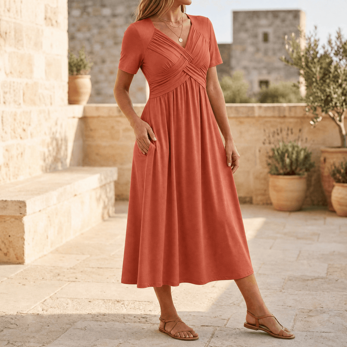 Crossover V-Neck Midi Dress with Pockets