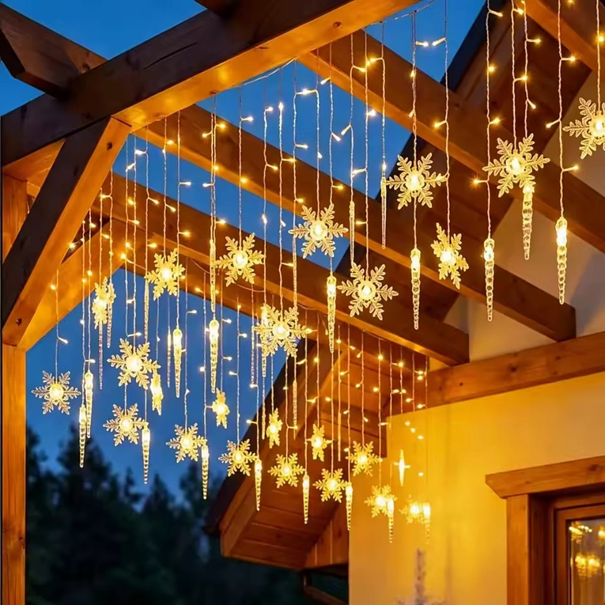 Curtain Lights - 100 LED Snowflakes and Icicles with USB or Battery Operation