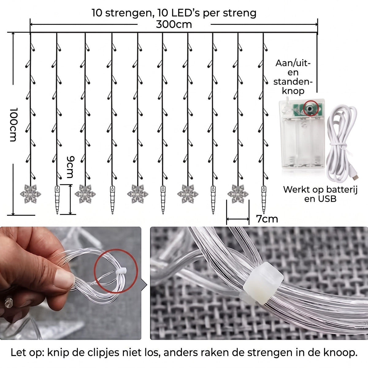 Curtain Lights - 100 LED Snowflakes and Icicles with USB or Battery Operation