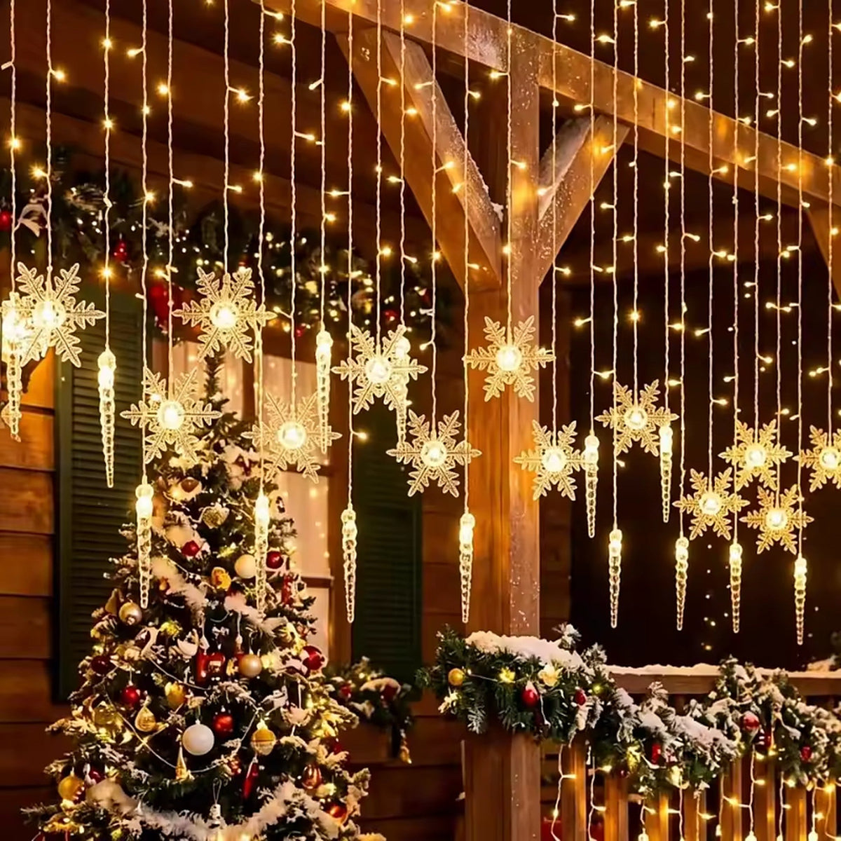 Curtain Lights - 100 LED Snowflakes and Icicles with USB or Battery Operation