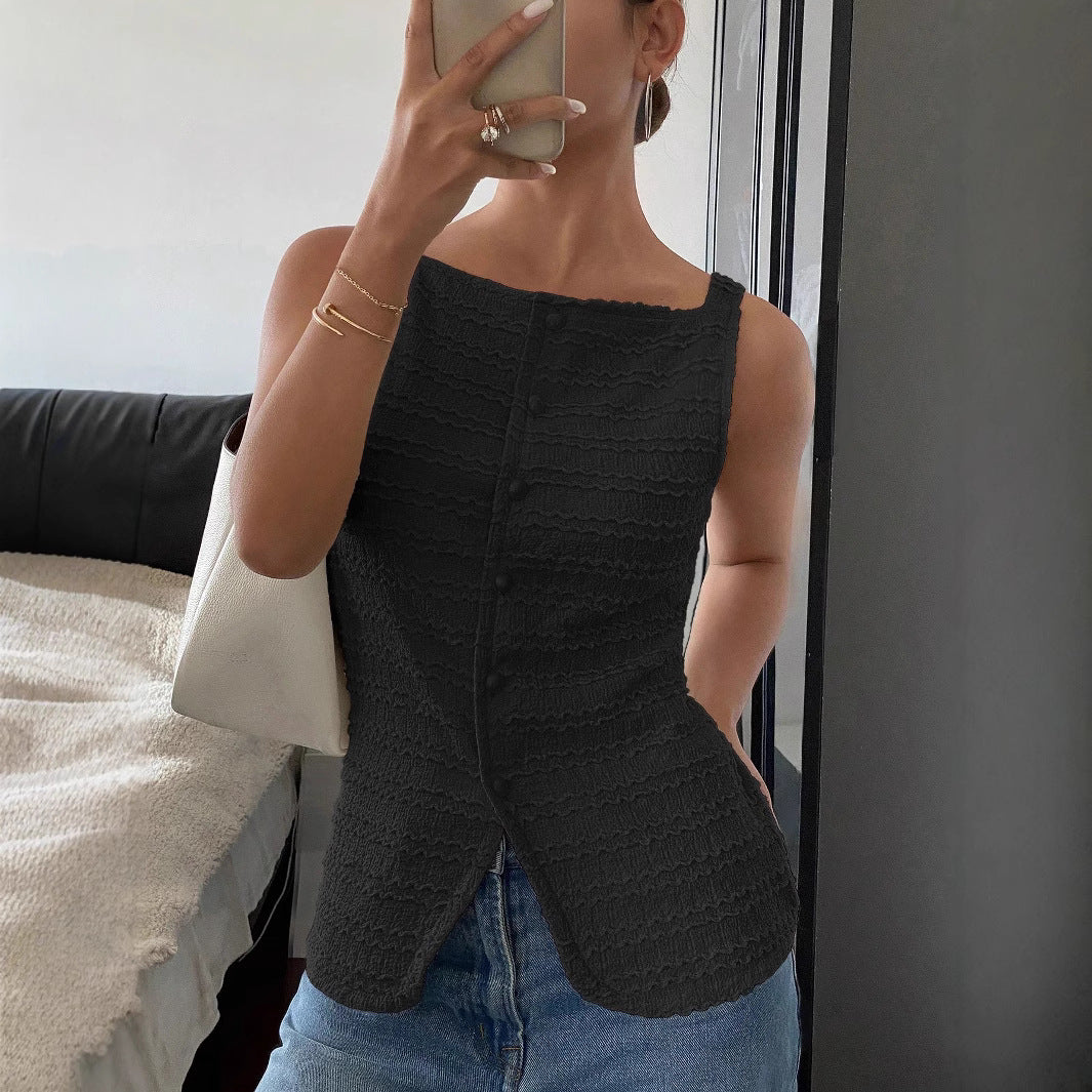 Image of Cynthia | Women's Button-Front Square Neck Sleeveless Top