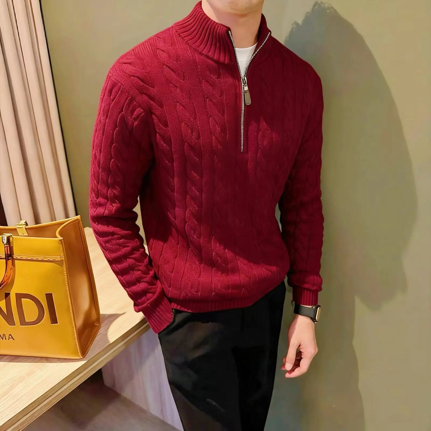 Deacon | Men's Zip-Up Cable Knit Sweater - Image 1
