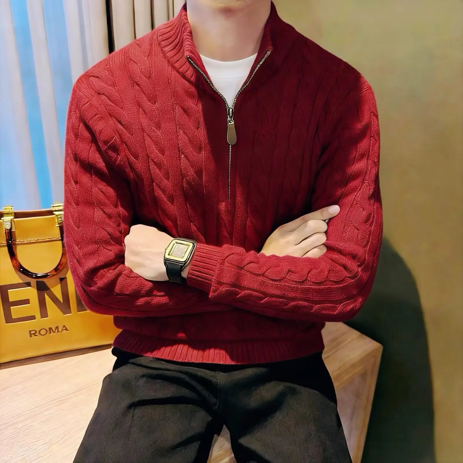 Deacon | Men's Zip-Up Cable Knit Sweater - Image 2