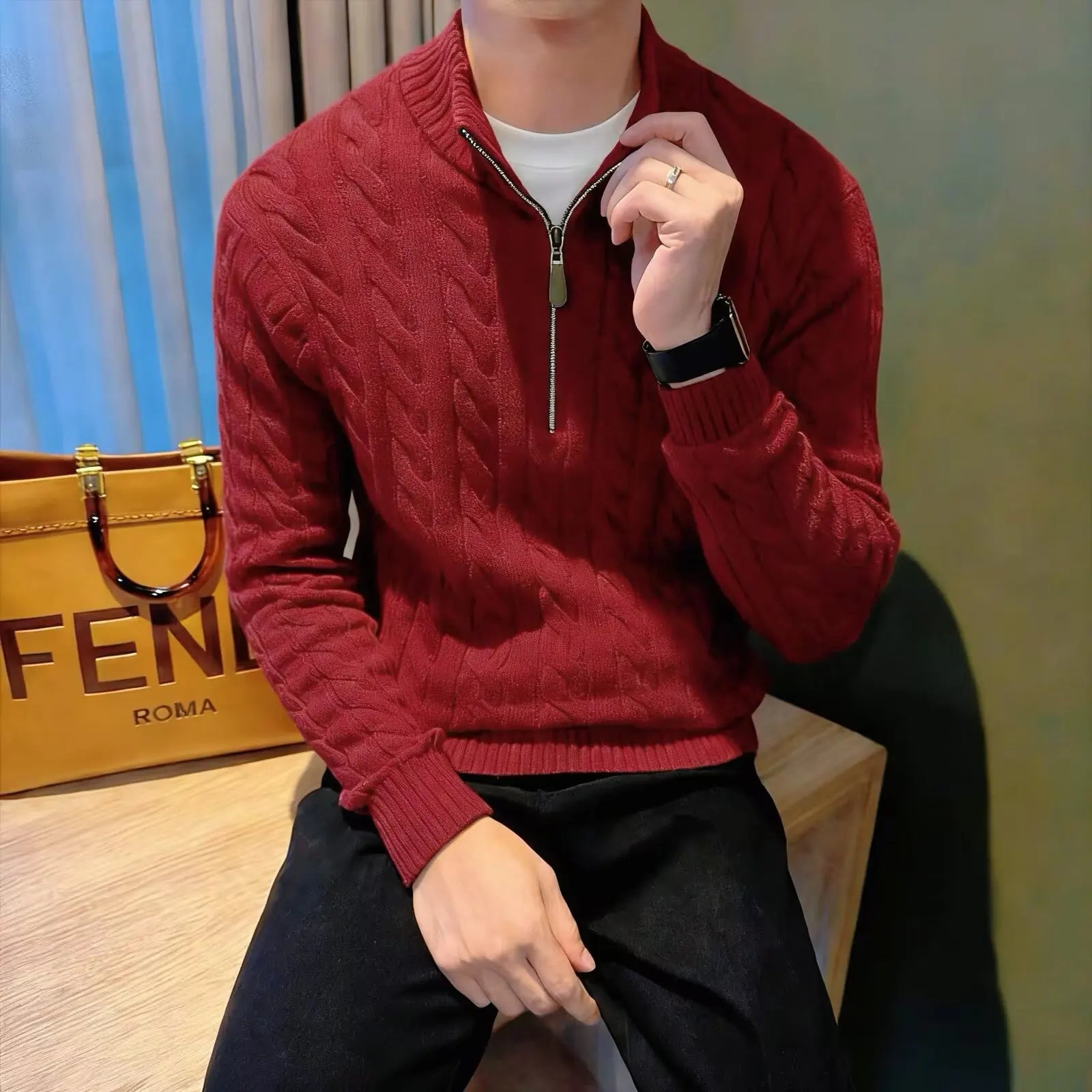 Deacon | Men's Zip-Up Cable Knit Sweater - Image 3