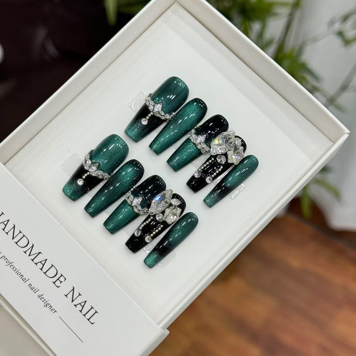 Decorative Press-On Nail Set with Gem Accents