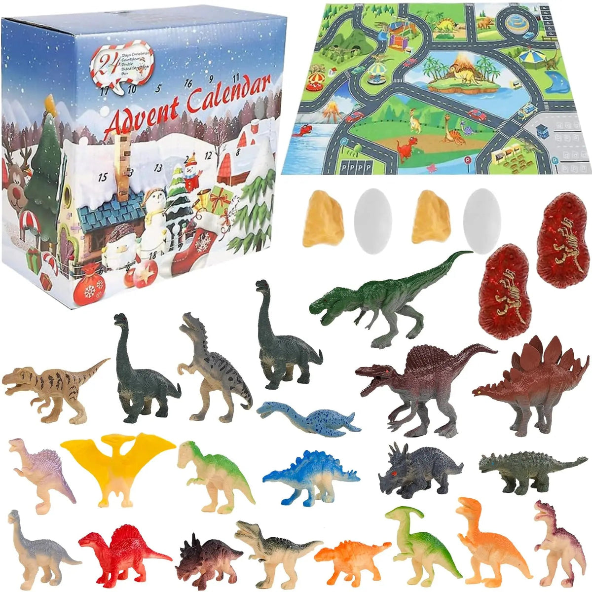 Dinosaur Advent Calendar with 28 Figures and Play Mat – Educational Toy for Kids Aged 4 to 8