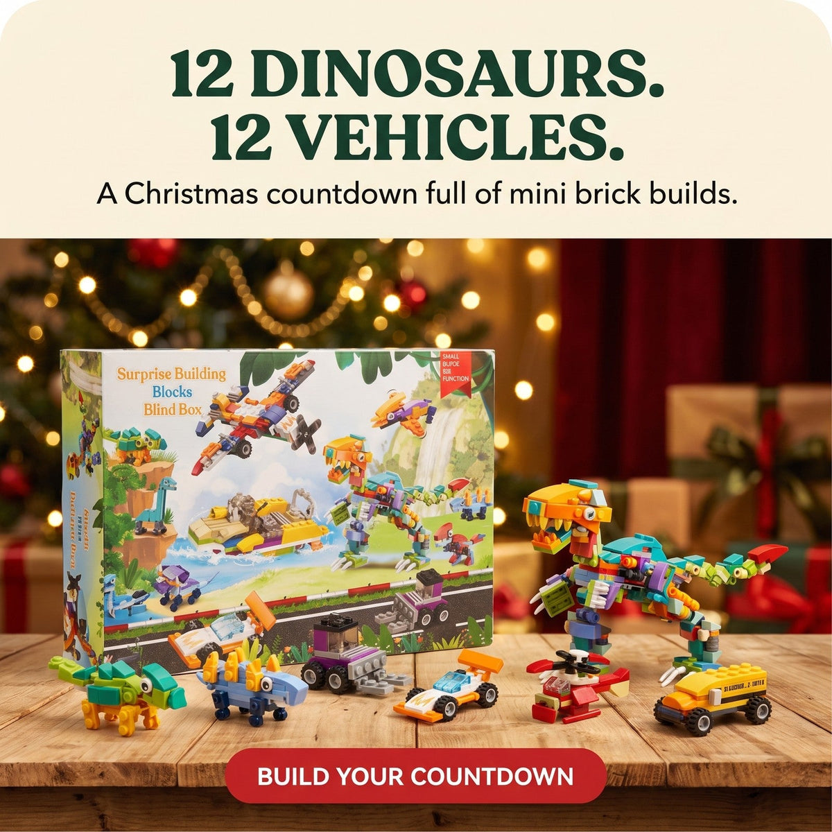 Dinosaur and Vehicle Brick Advent Calendar, 24 Mini Builds plus Big T. Rex