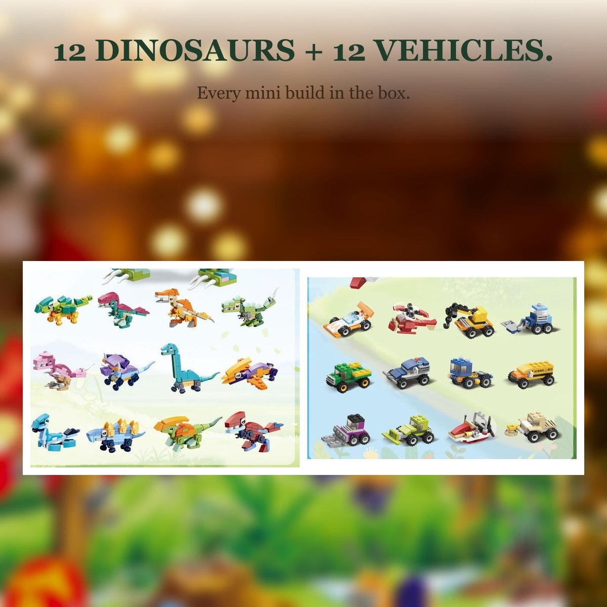 Dinosaur and Vehicle Brick Advent Calendar, 24 Mini Builds plus Big T. Rex