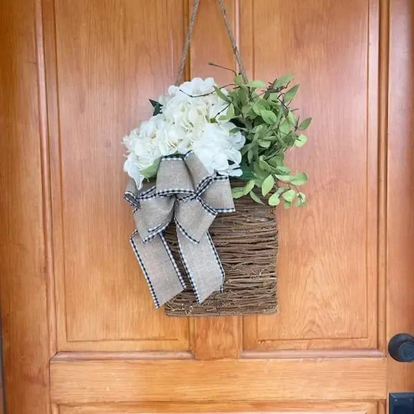 Door Hanger with Cream Hydrangeas – Rattan Basket Wreath with Artificial Flowers