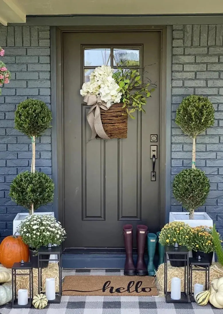 Door Hanger with Cream Hydrangeas – Rattan Basket Wreath with Artificial Flowers