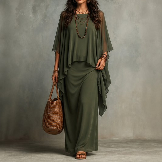 Draped Cape Sleeve Asymmetrical Hem Maxi Dress
