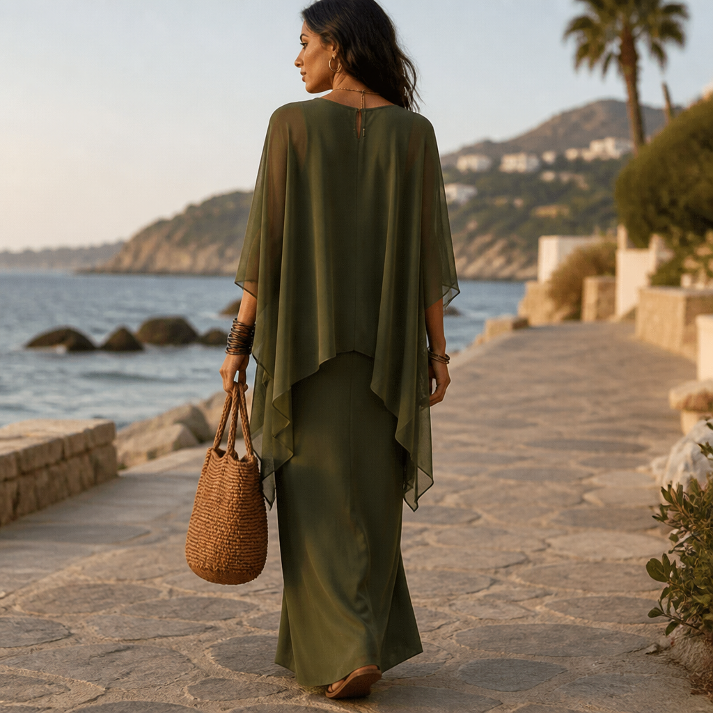 Draped Cape Sleeve Asymmetrical Hem Maxi Dress