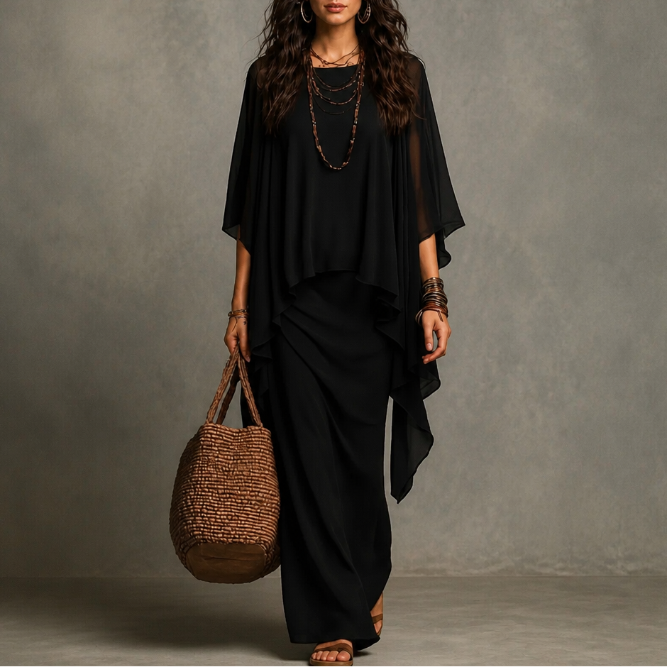 Draped Cape Sleeve Asymmetrical Hem Maxi Dress