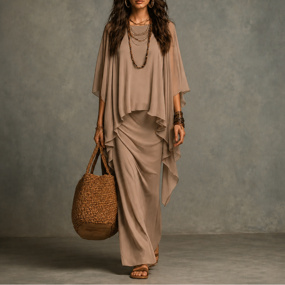 Draped Cape Sleeve Asymmetrical Hem Maxi Dress