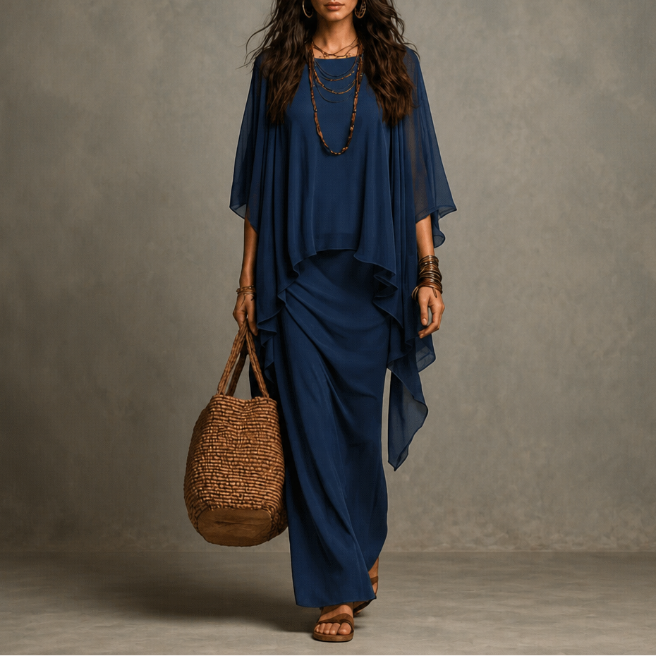 Draped Cape Sleeve Asymmetrical Hem Maxi Dress