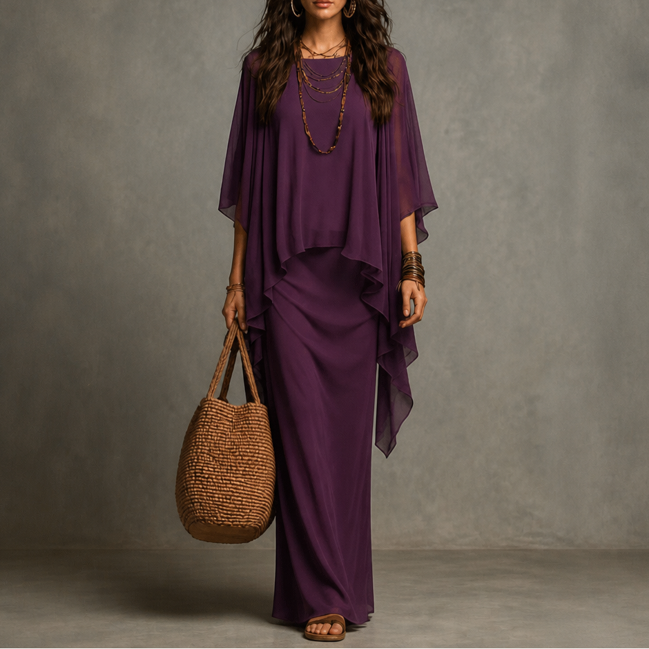 Draped Cape Sleeve Asymmetrical Hem Maxi Dress